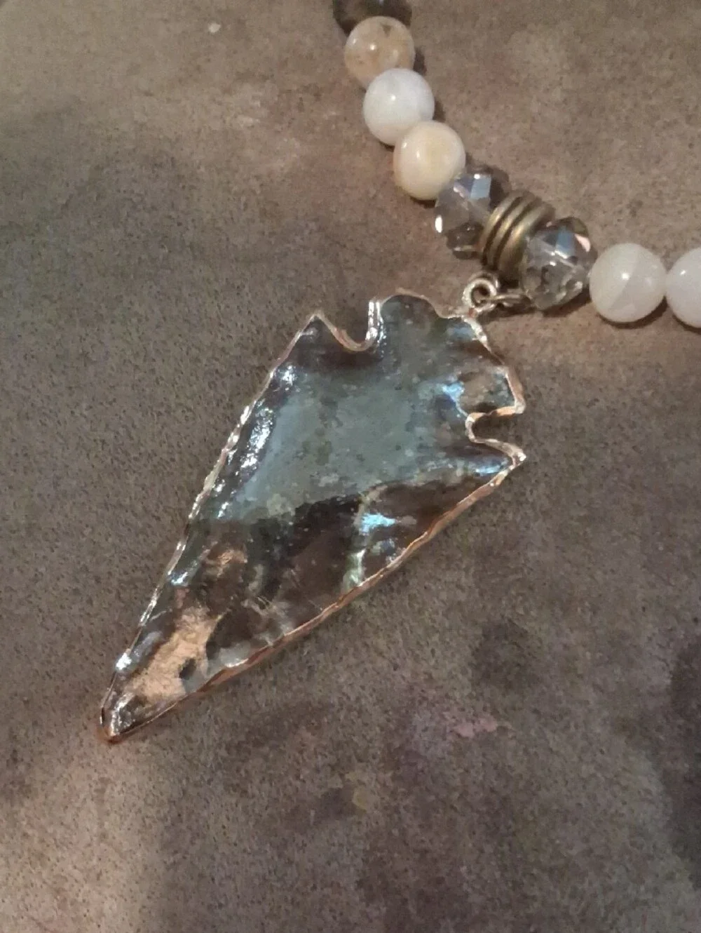 Handcrafted Silver Arrowhead Pendant Necklace with Cream and Gray Beads